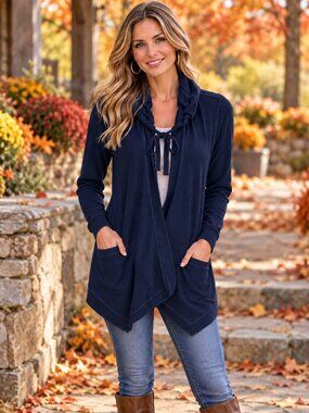 EVY'S TREE Sweatshirt Hooded Open Front Shorter in Back Navy Blue S